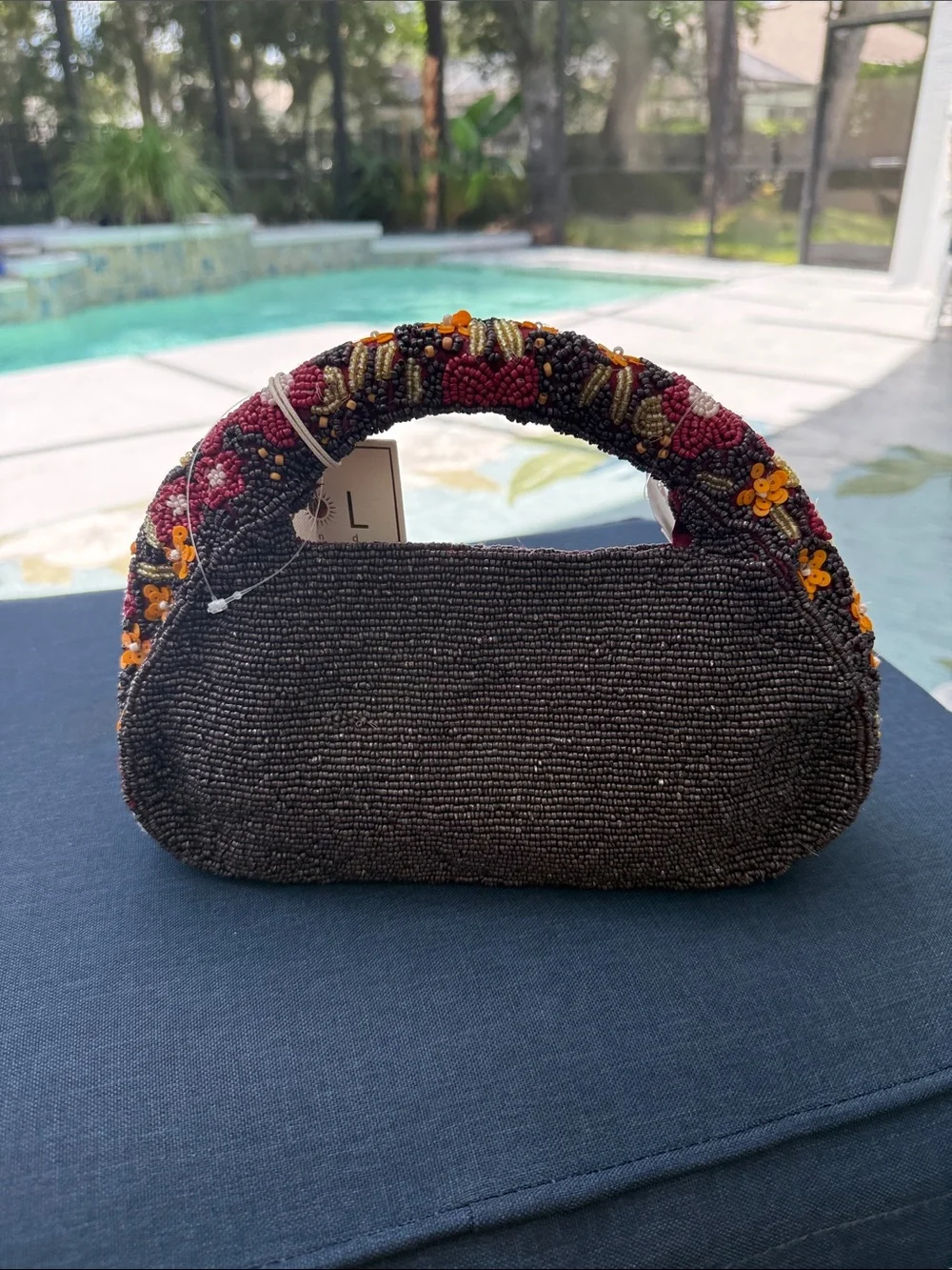 T.J.Maxx Burgundy, Yellow & Pink Beaded Floral Handle Clutch